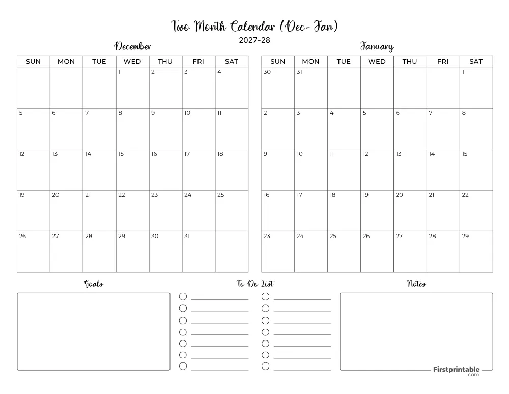 Two Month December January 2027 Calendar Template 06