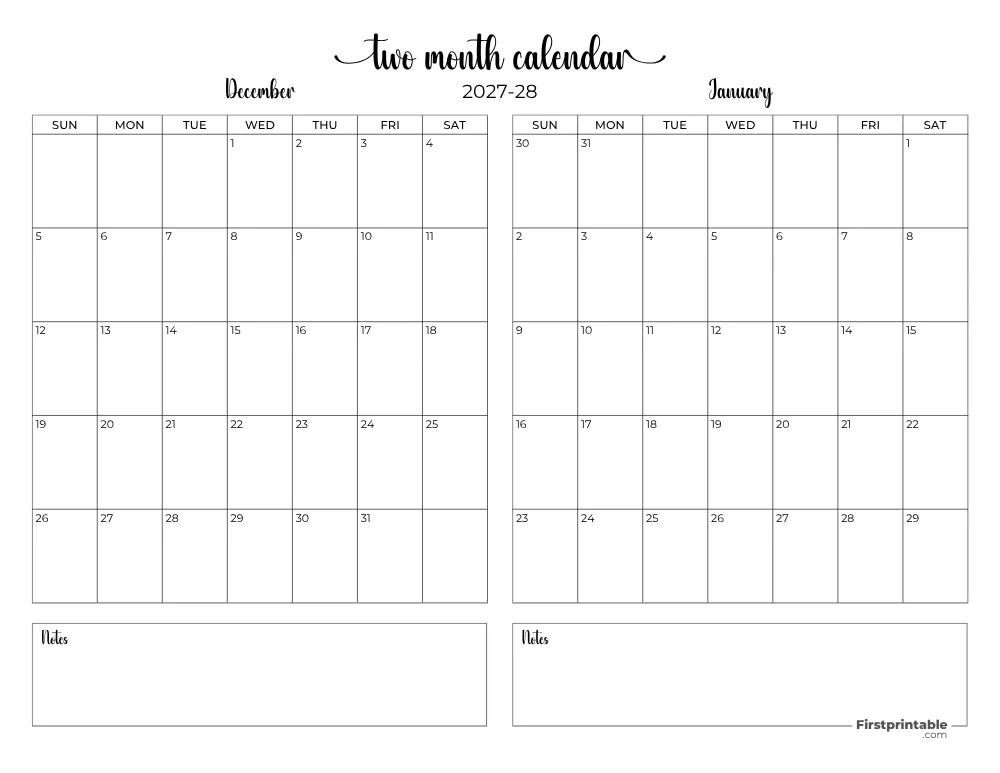 2027 Two Month Calendars | Free PDF Printables
