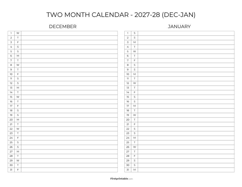 Two Month December January 2027 Calendar Template 09