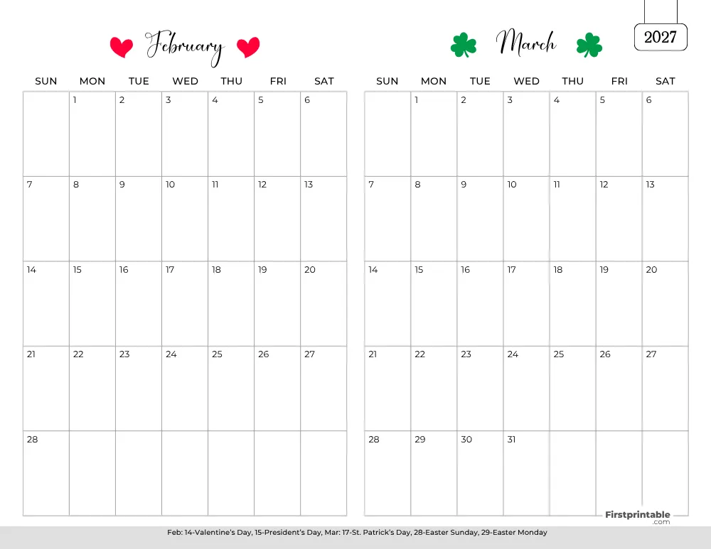 Two Month February March 2027 Calendar Template 01
