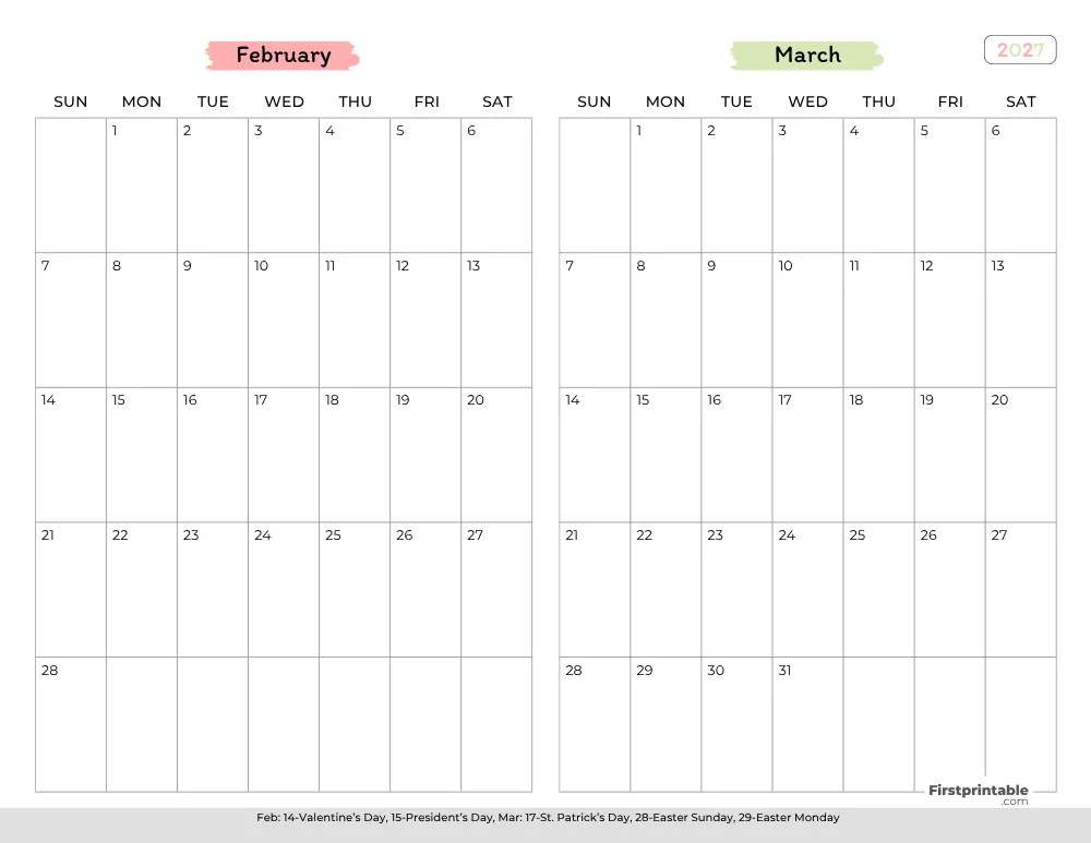 Two Month February March 2027 Calendar Template 02