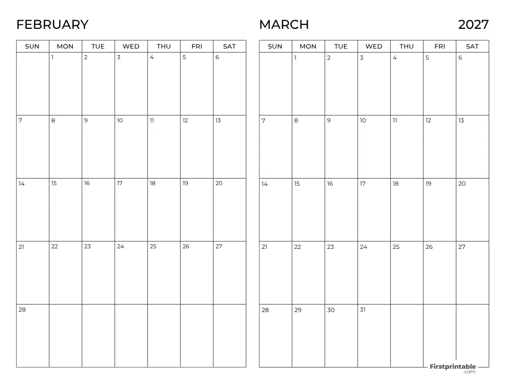 Two Month February March 2027 Calendar Template 03