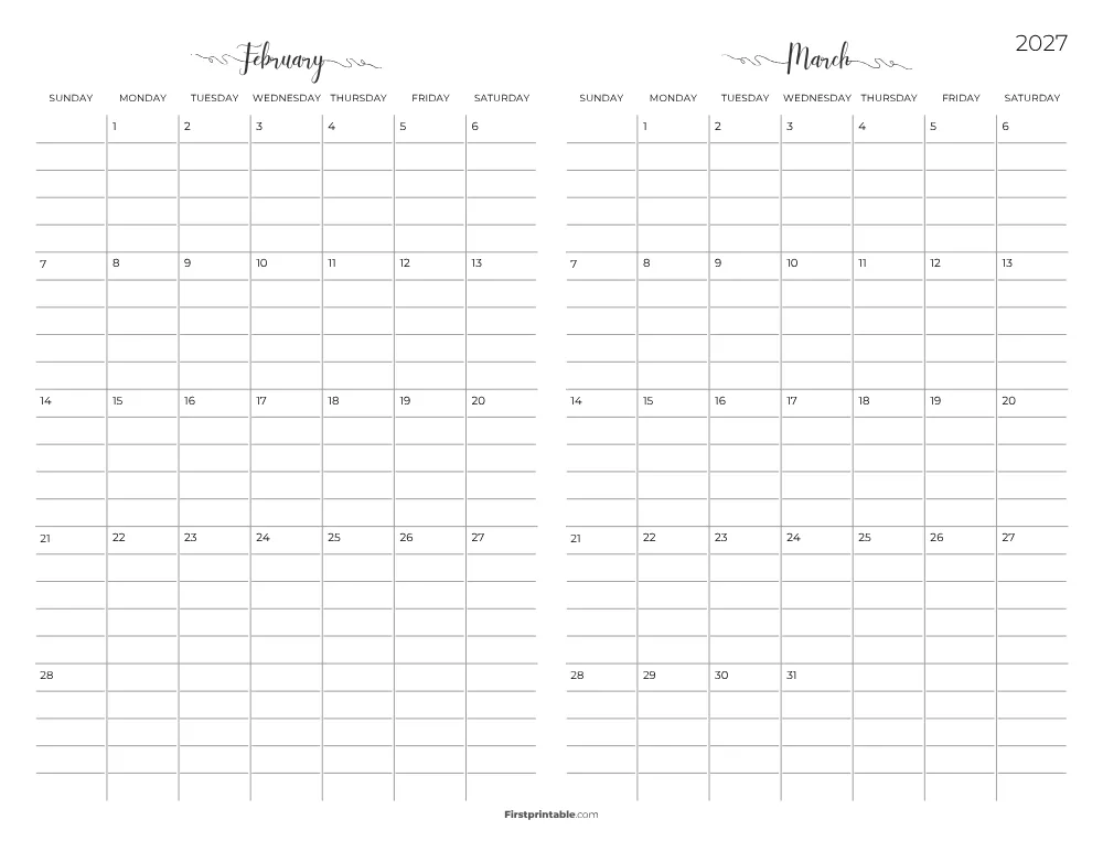Two Month February March 2027 Calendar Template 05