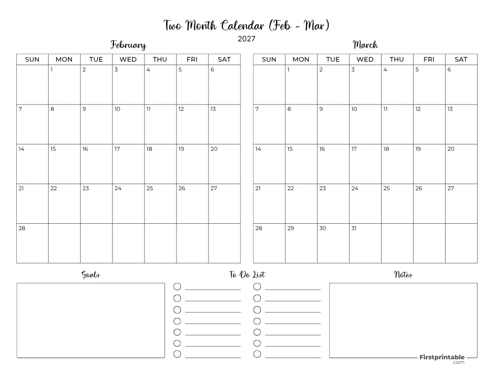 Two Month February March 2027 Calendar Template 06