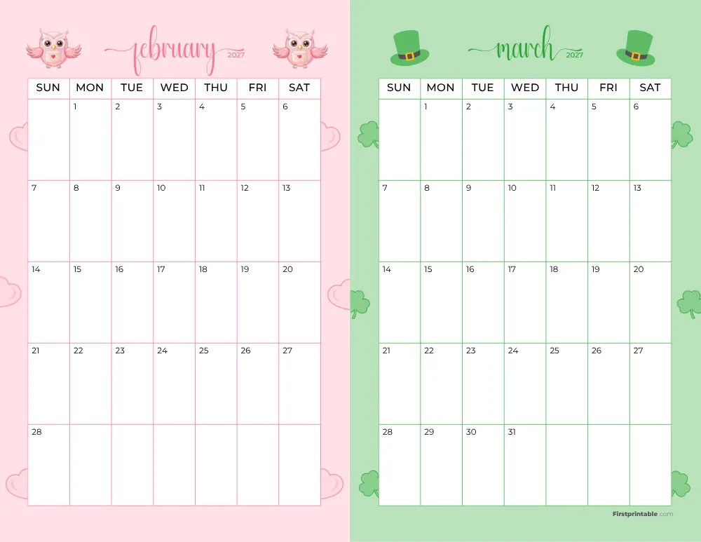 Two Month February March 2027 Calendar Template 07