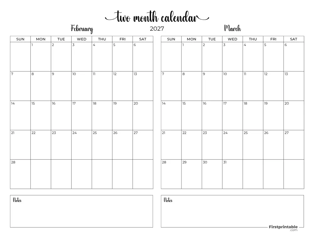 Two Month February March 2027 Calendar Template 08
