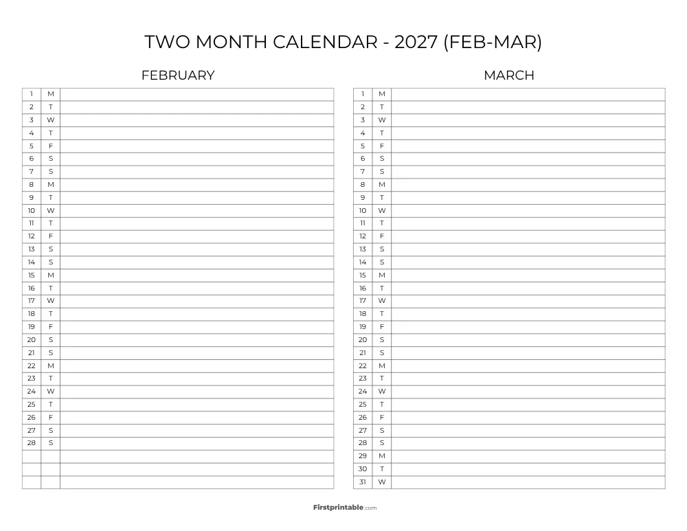 Two Month February March 2027 Calendar Template 09