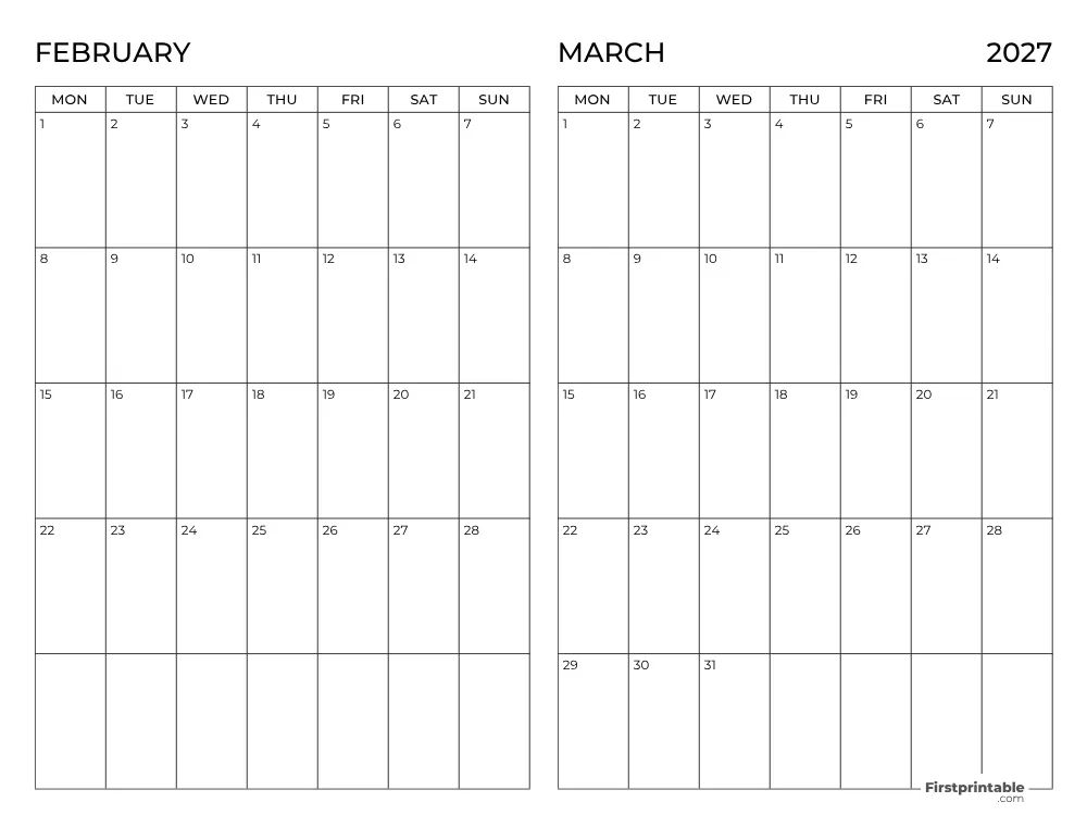Two Month February March 2027 Calendar Template 10