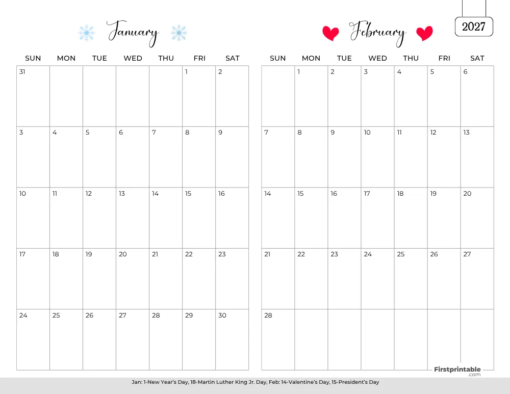 Two Month January February 2027 Calendar Template 01