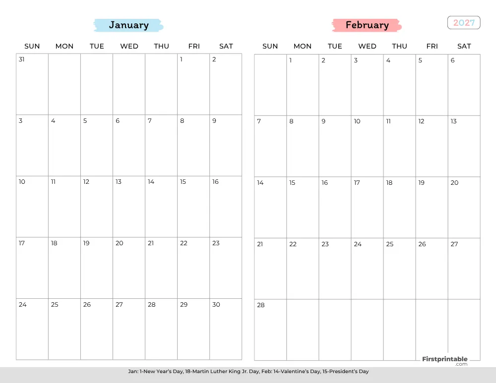 Two Month January February 2027 Calendar Template 02
