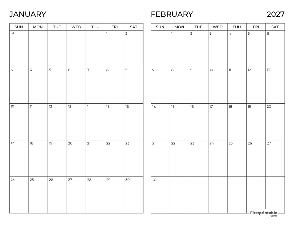 Two Month January February 2027 Calendar Template 03