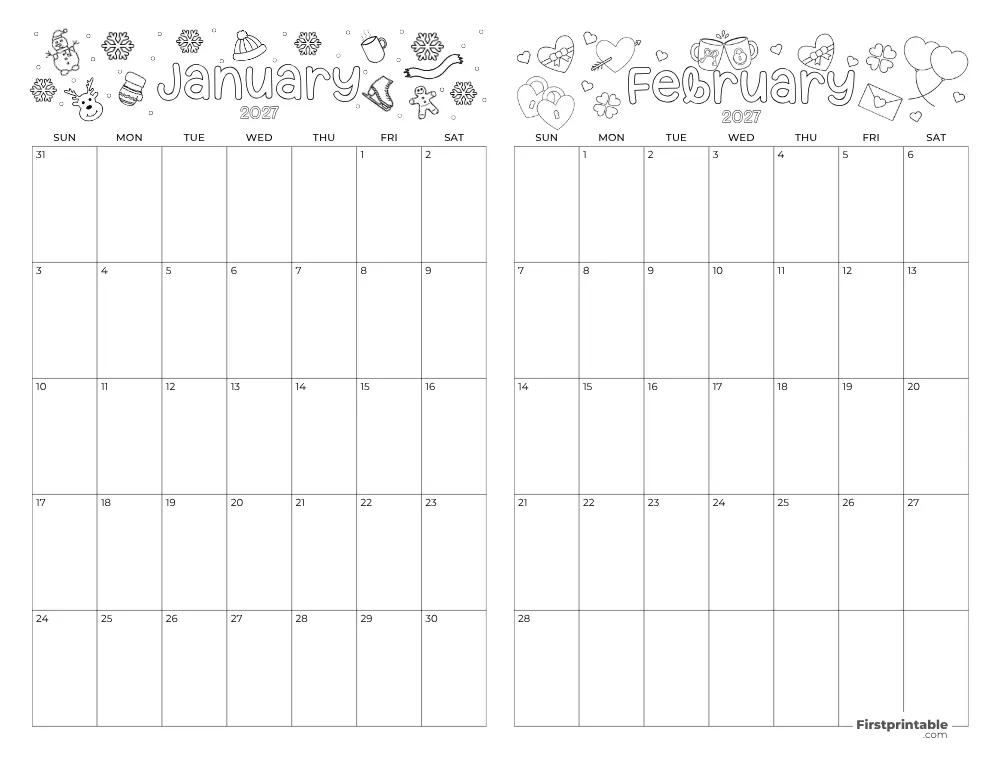 Two Month January February 2027 Calendar Template 04