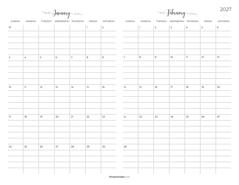 Two Month January February 2027 Calendar Template 05