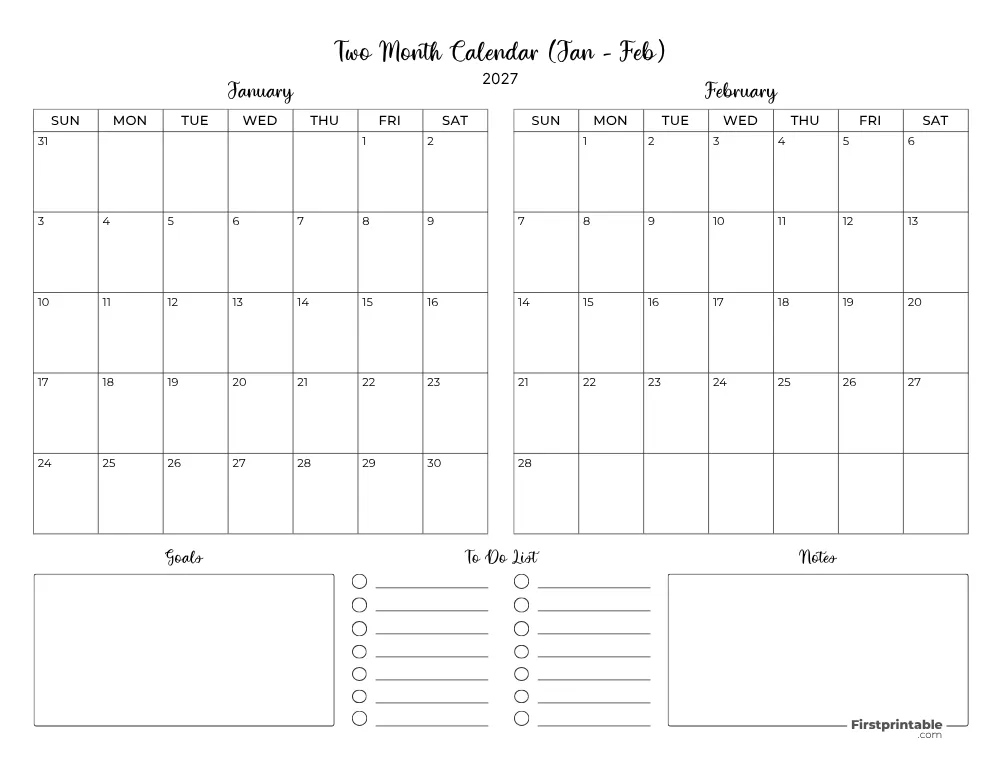 Two Month January February 2027 Calendar Template 06