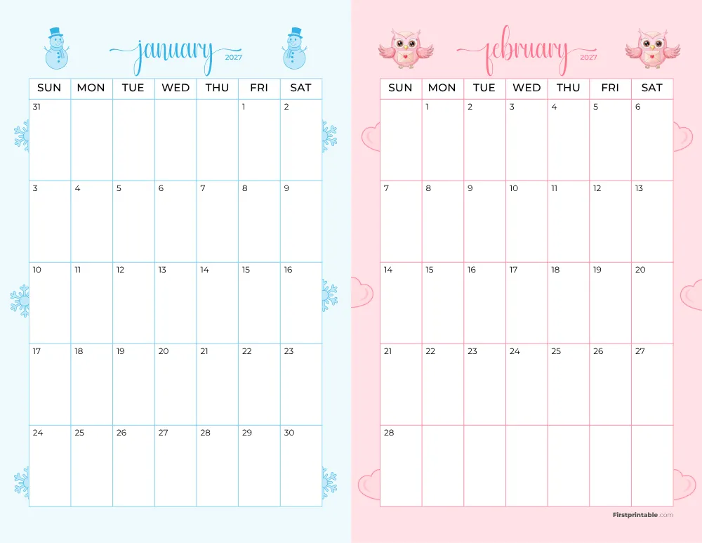 Two Month January February 2027 Calendar Template 07