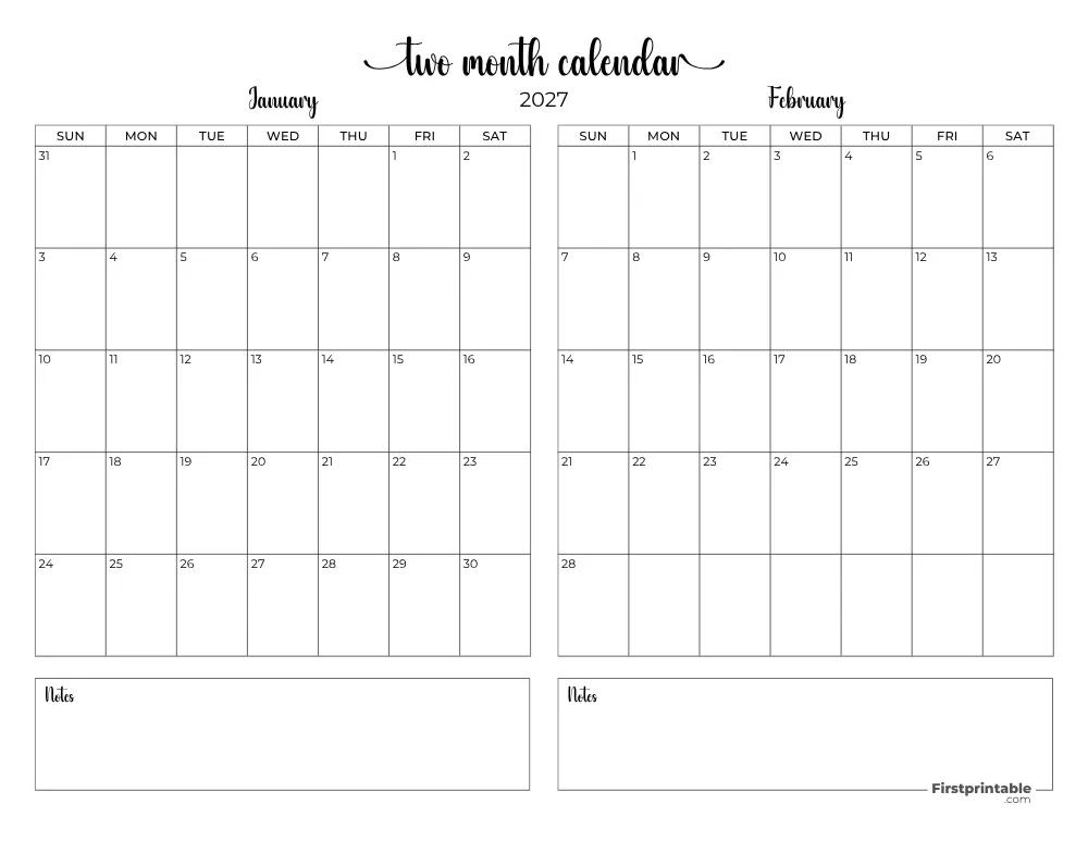Two Month January February 2027 Calendar Template 08