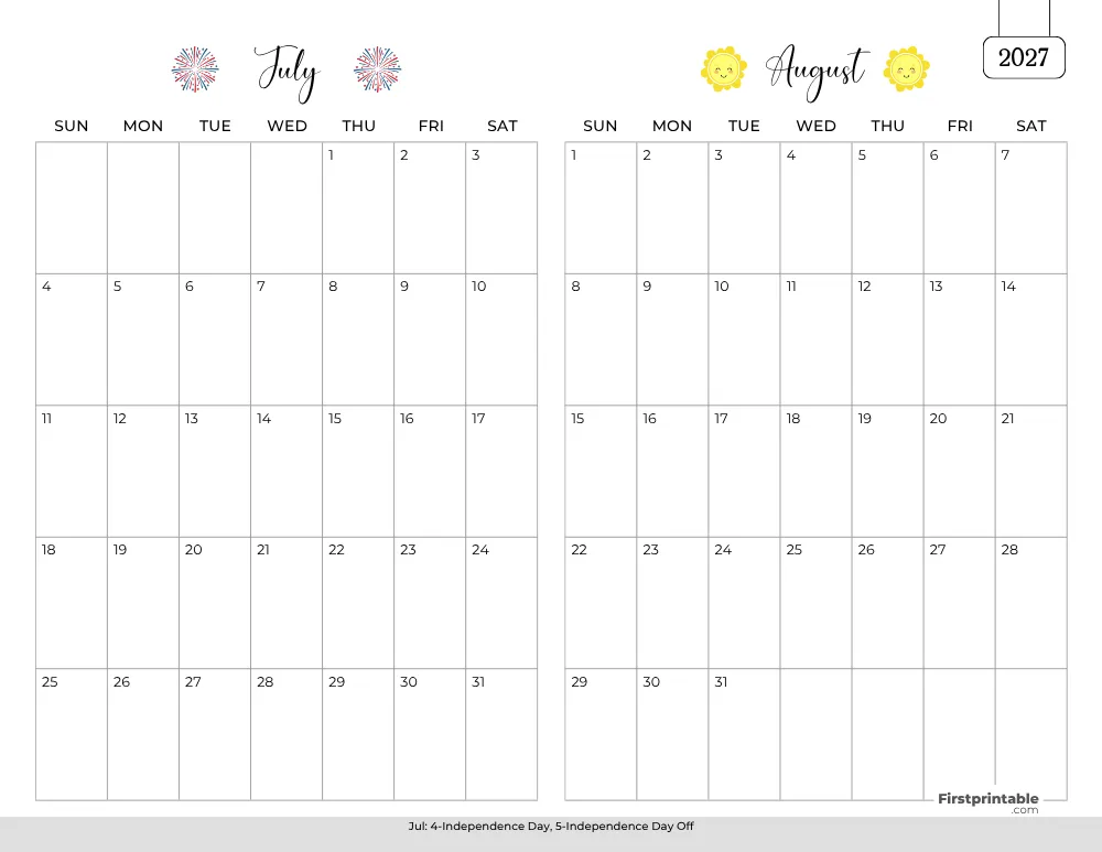 Two Month July August 2027 Calendar Template 01