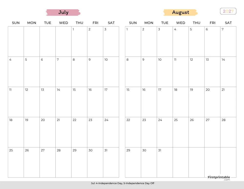Two Month July August 2027 Calendar Template 02