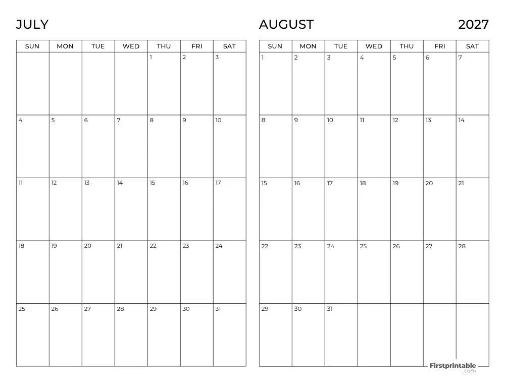Two Month July August 2027 Calendar Template 03