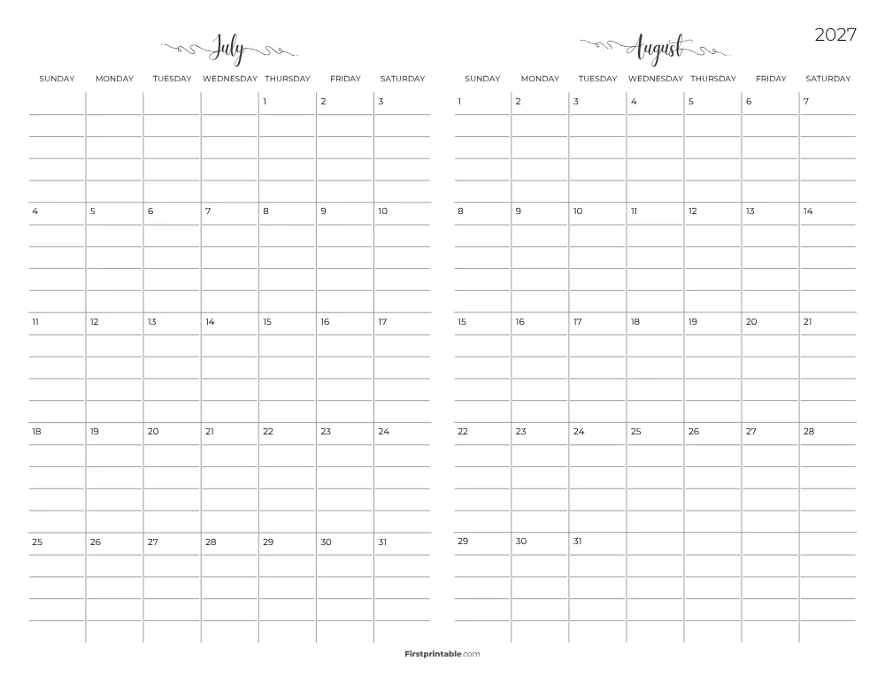 Two Month July August 2027 Calendar Template 05