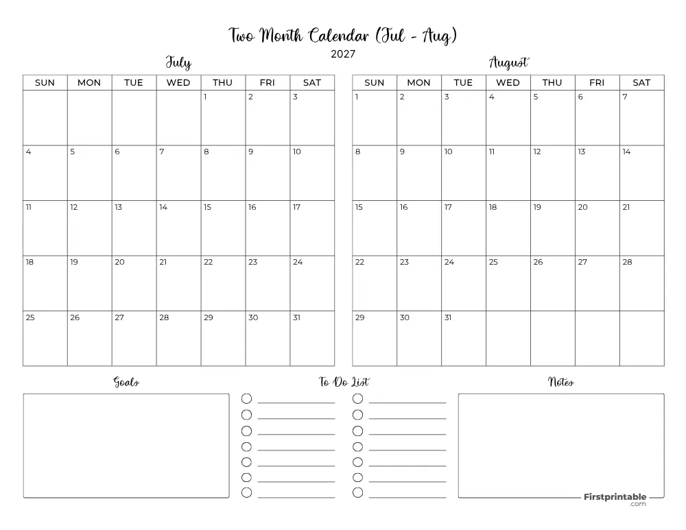Two Month July August 2027 Calendar Template 06