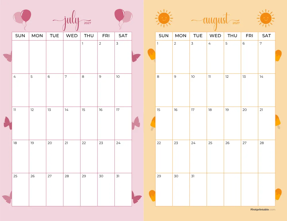 Two Month July August 2027 Calendar Template 07