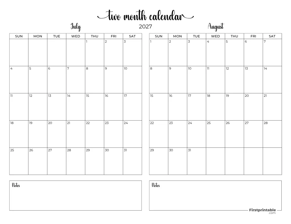 Two Month July August 2027 Calendar Template 08