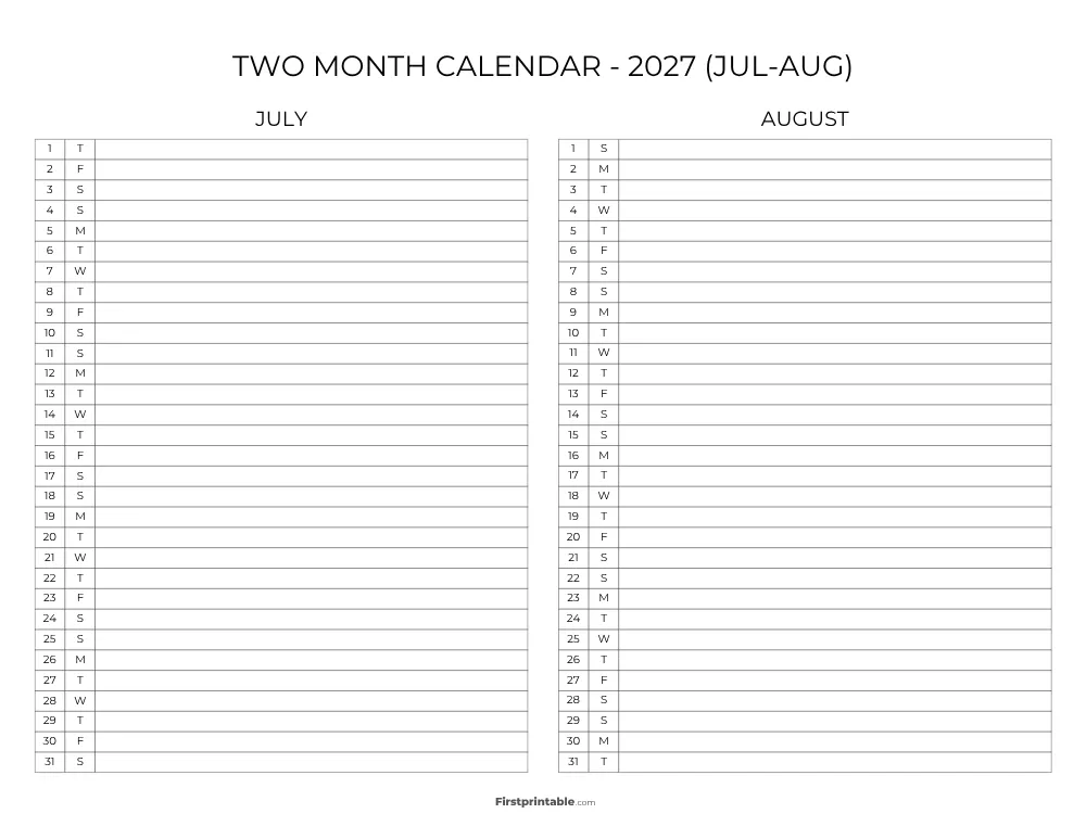 Two Month July August 2027 Calendar Template 09