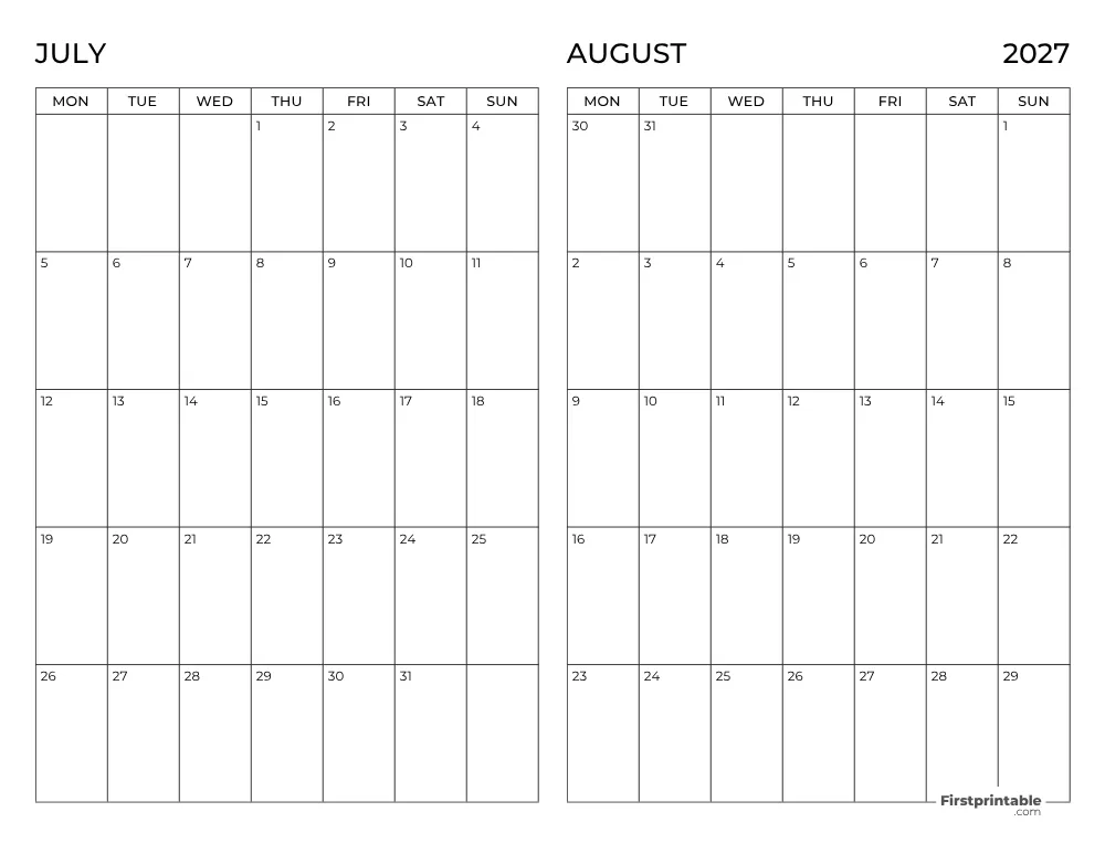 Two Month July August 2027 Calendar Template 10
