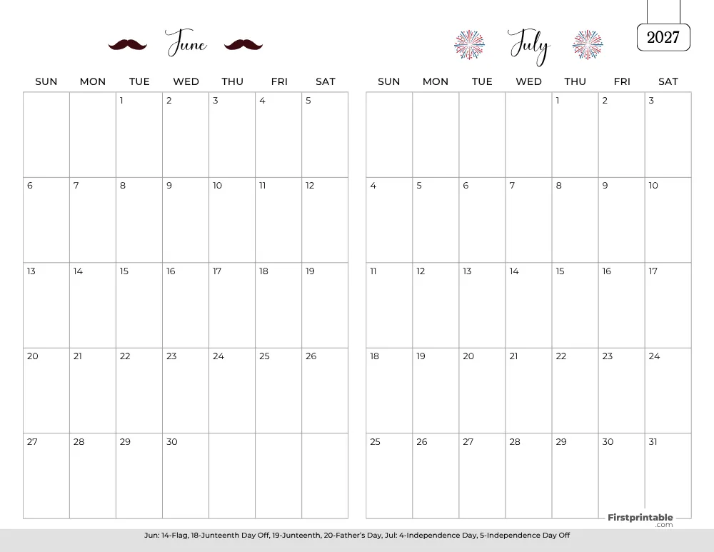 Two Month June July 2027 Calendar Template 01