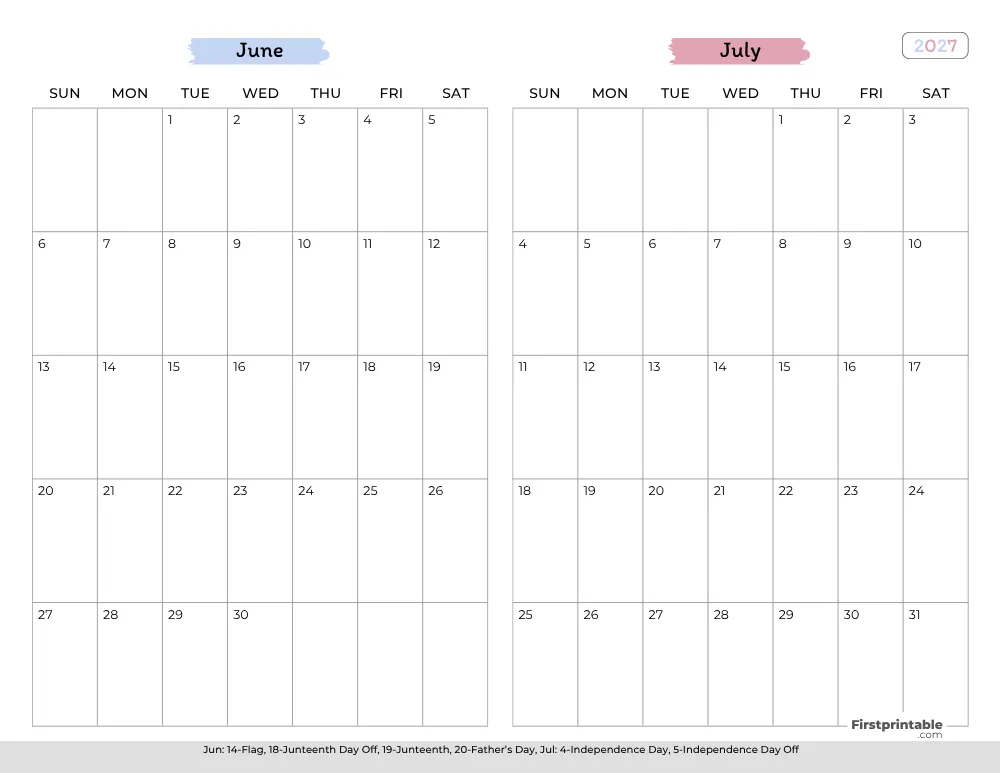 Two Month June July 2027 Calendar Template 02