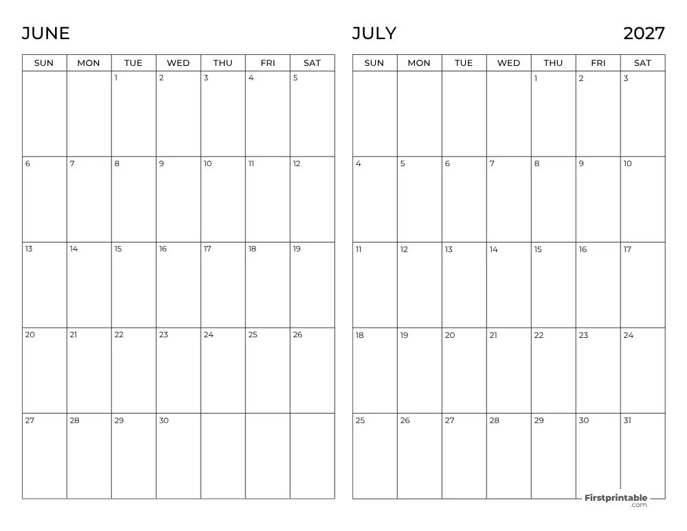 Two Month June July 2027 Calendar Template 03