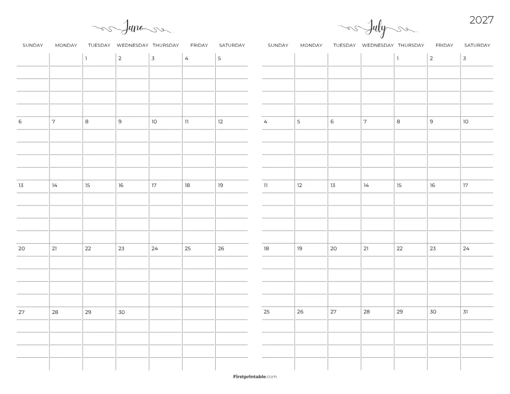 Two Month June July 2027 Calendar Template 05