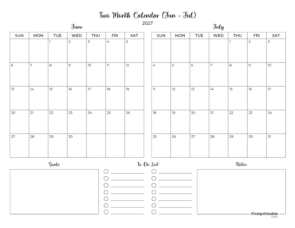 Two Month June July 2027 Calendar Template 06
