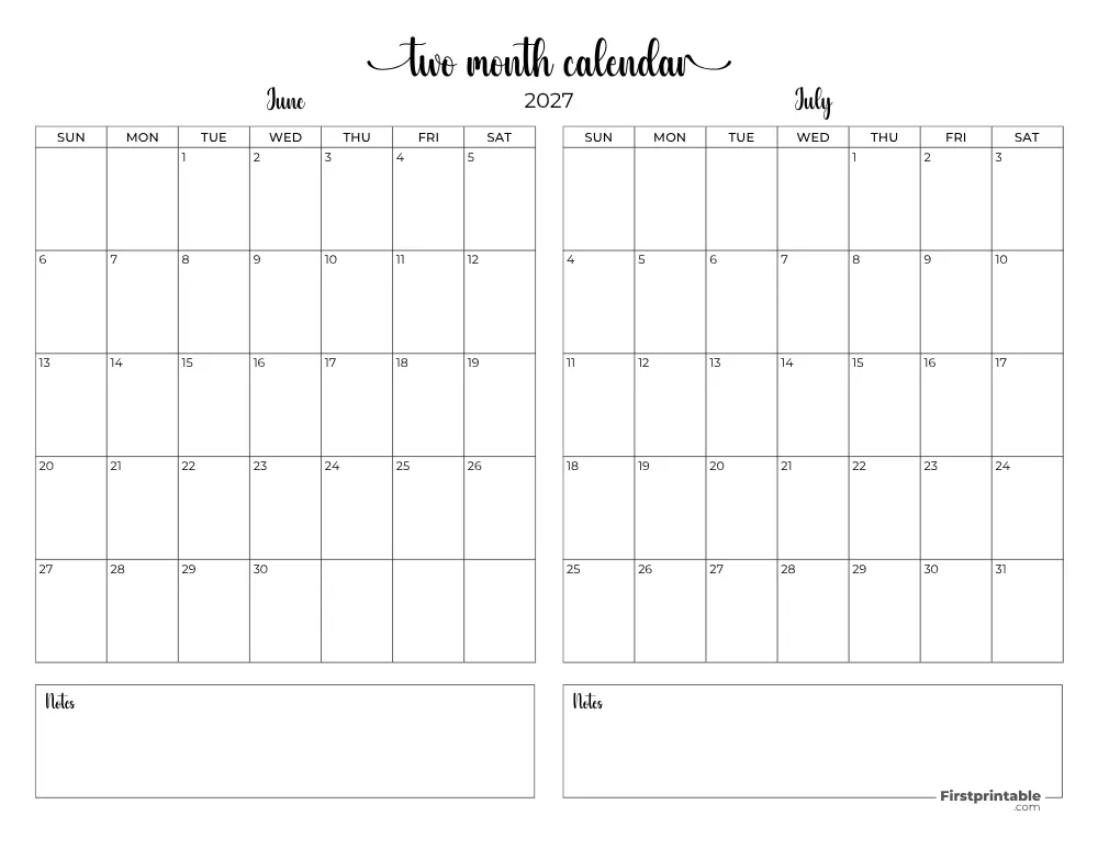 Two Month June July 2027 Calendar Template 08