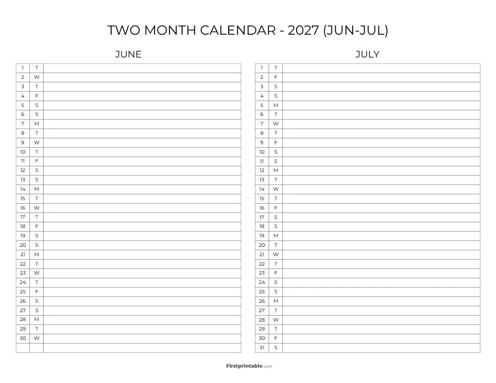 Two Month June July 2027 Calendar Template 09