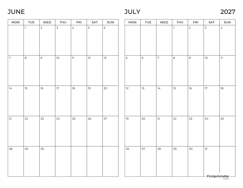Two Month June July 2027 Calendar Template 10