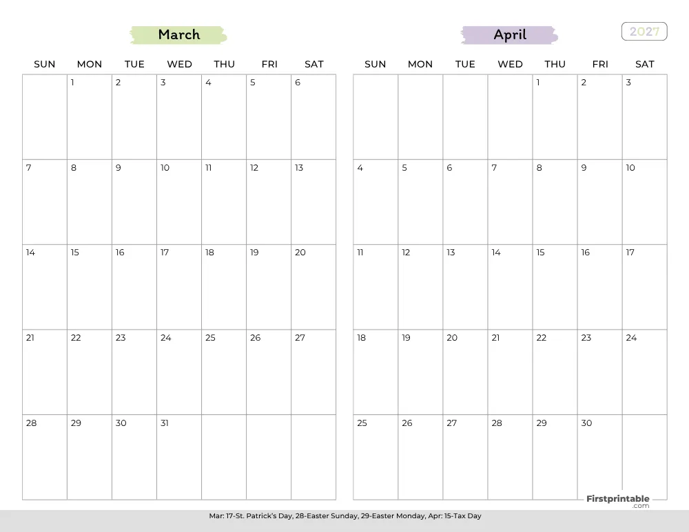 Two Month March April 2027 Calendar Template 02