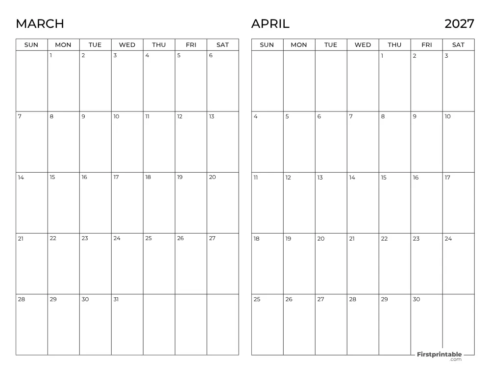 Two Month March April 2027 Calendar Template 03