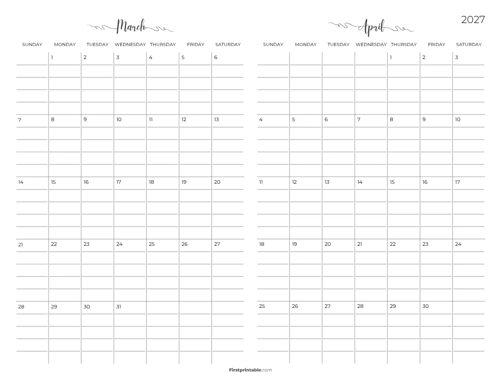 Two Month March April 2027 Calendar Template 05