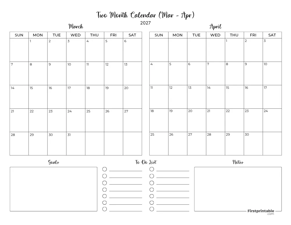 Two Month March April 2027 Calendar Template 06