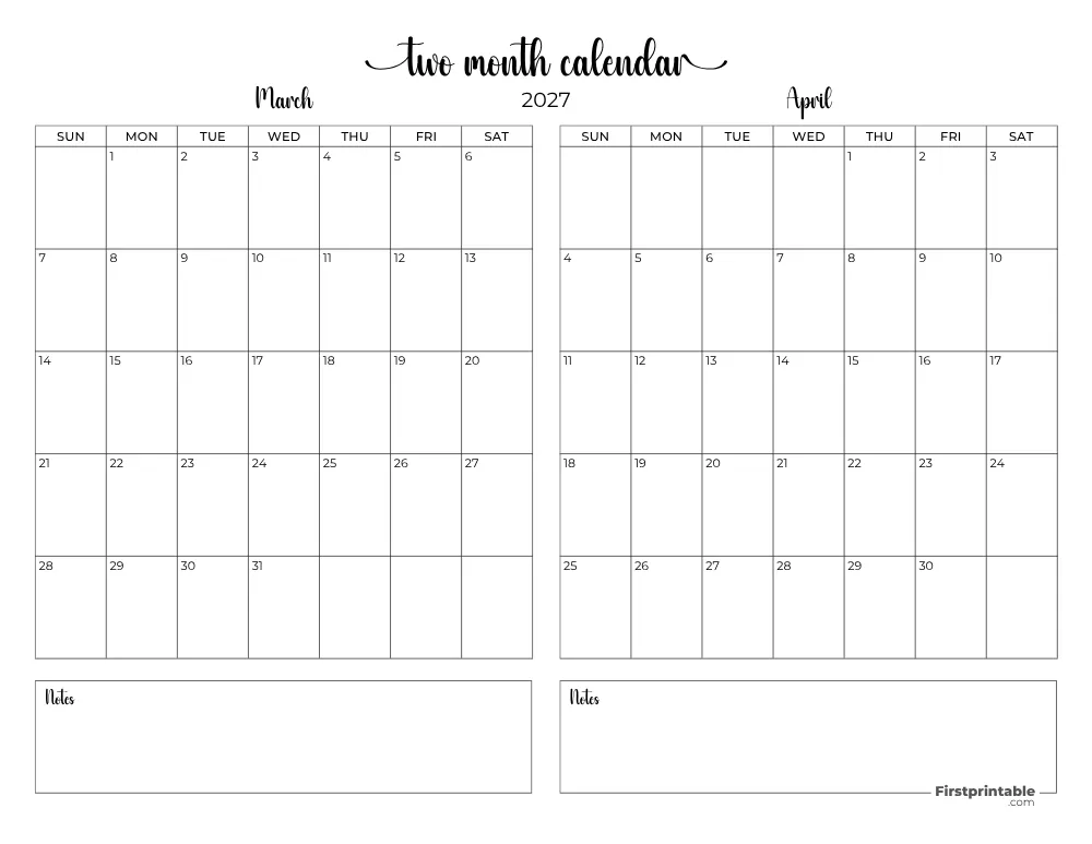 Two Month March April 2027 Calendar Template 08