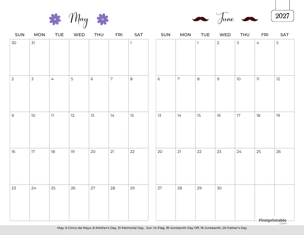 Two Month May June 2027 Calendar Template 01