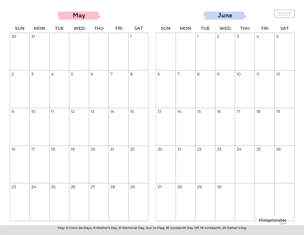 Two Month May June 2027 Calendar Template 02