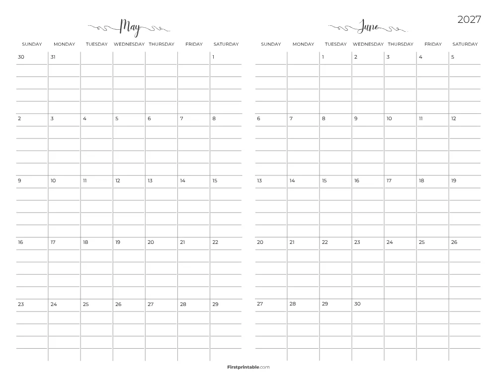 Two Month May June 2027 Calendar Template 05