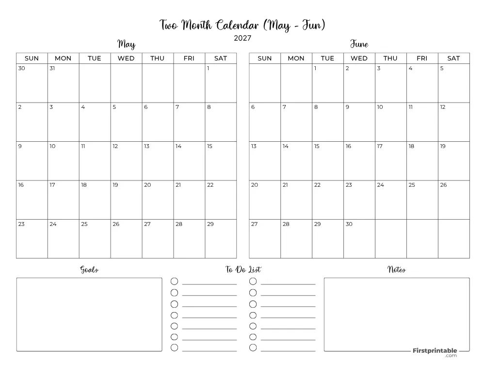 Two Month May June 2027 Calendar Template 06