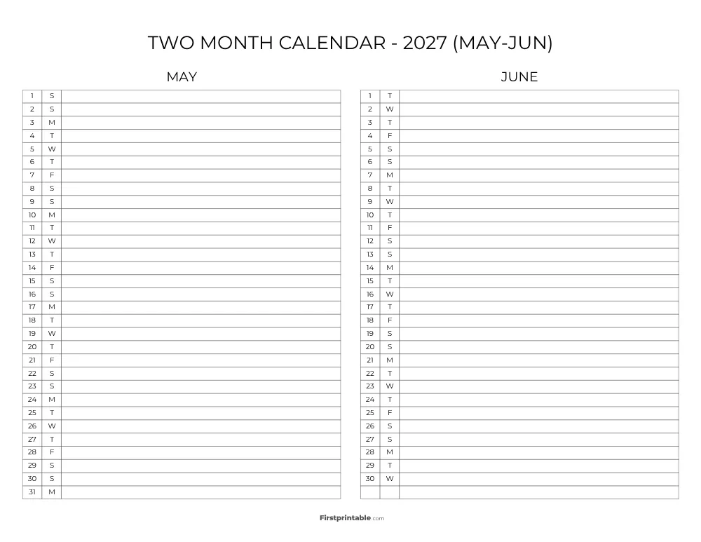 Two Month May June 2027 Calendar Template 09