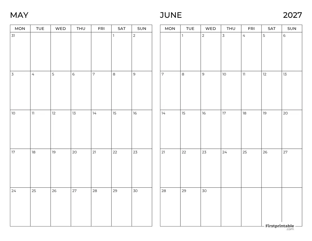 Two Month May June 2027 Calendar Template 10