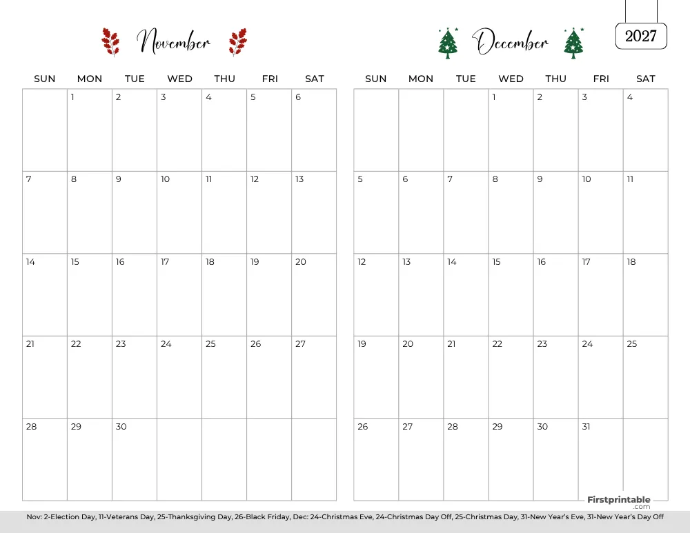Two Month November December 2027 Calendar Template 01