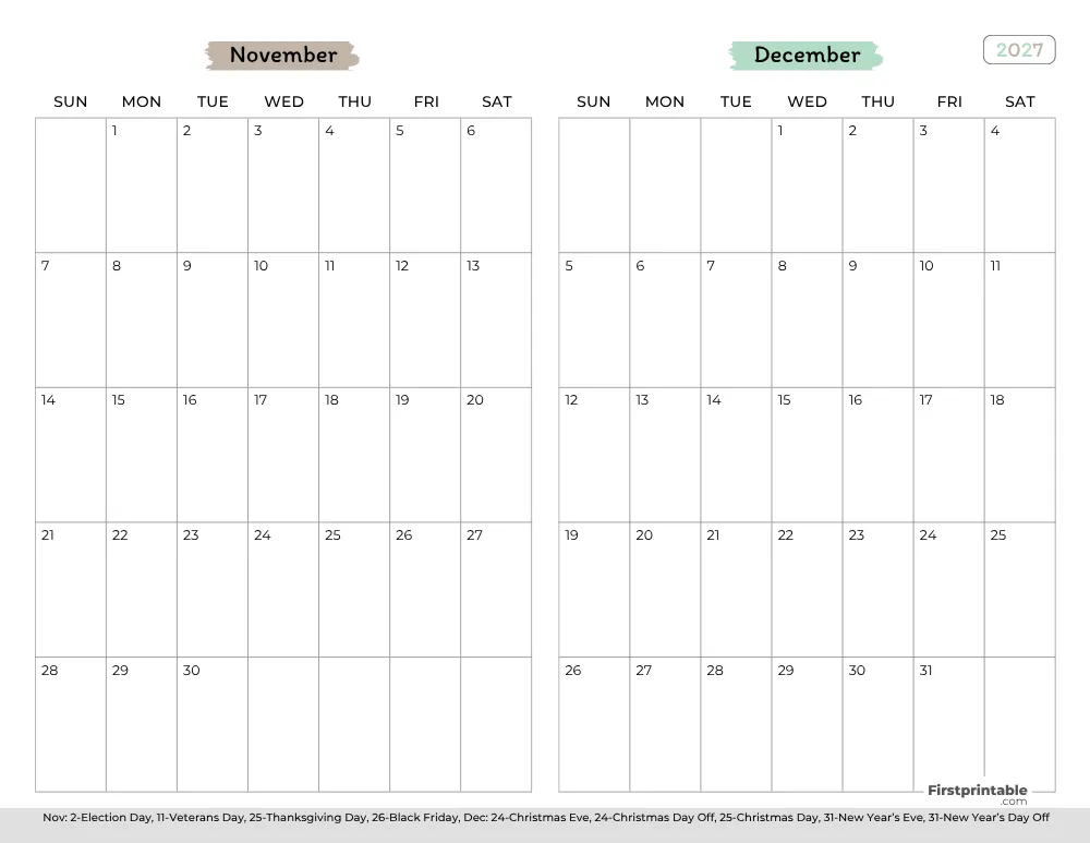 Two Month November December 2027 Calendar Template 02